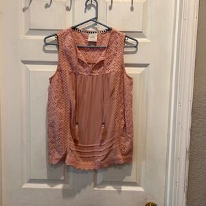 Knox Rose Women's Pink Eyelet Lace Tassel V Neck Sleeveless Top Sz M Cottagecore